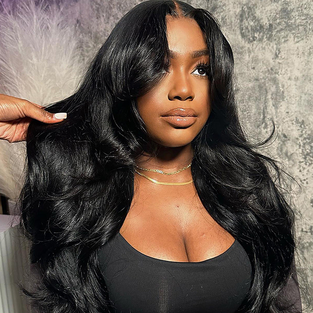Beluck U Part Butterfly Layered Cut Loose Body Wave Wig Glueless 16-26 Inch Natural Black - 2