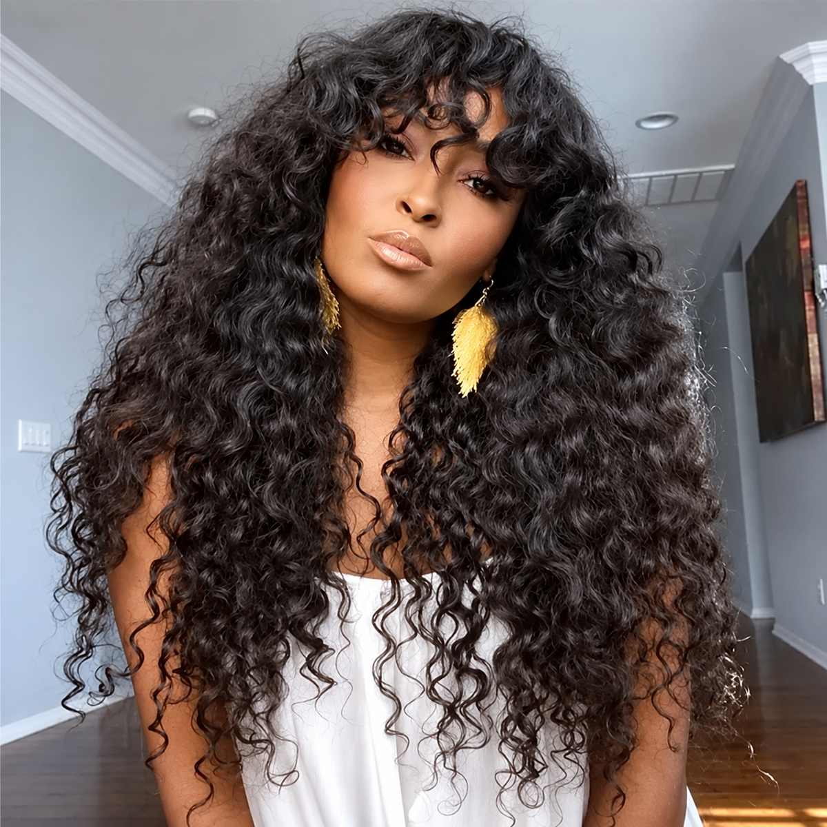 Beluck Deep Wave Throw And Go Glueless Wig With Bangs 2x4 Lace Natural Color Human Hair Wig