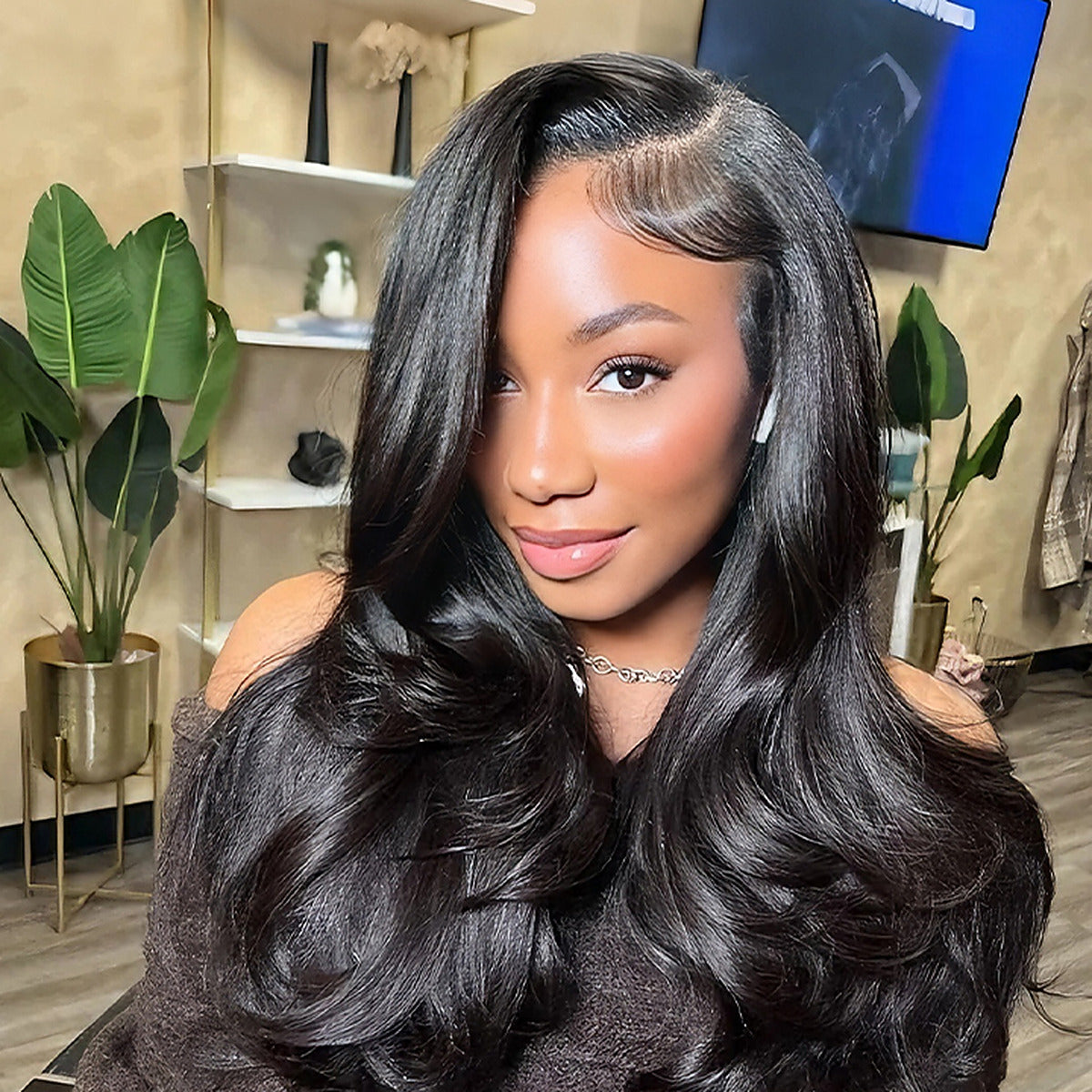 Beluck Yaki Body Wave V Part Wig Pre Styled Layer Cut 16-28 Inch Natural Black - 2