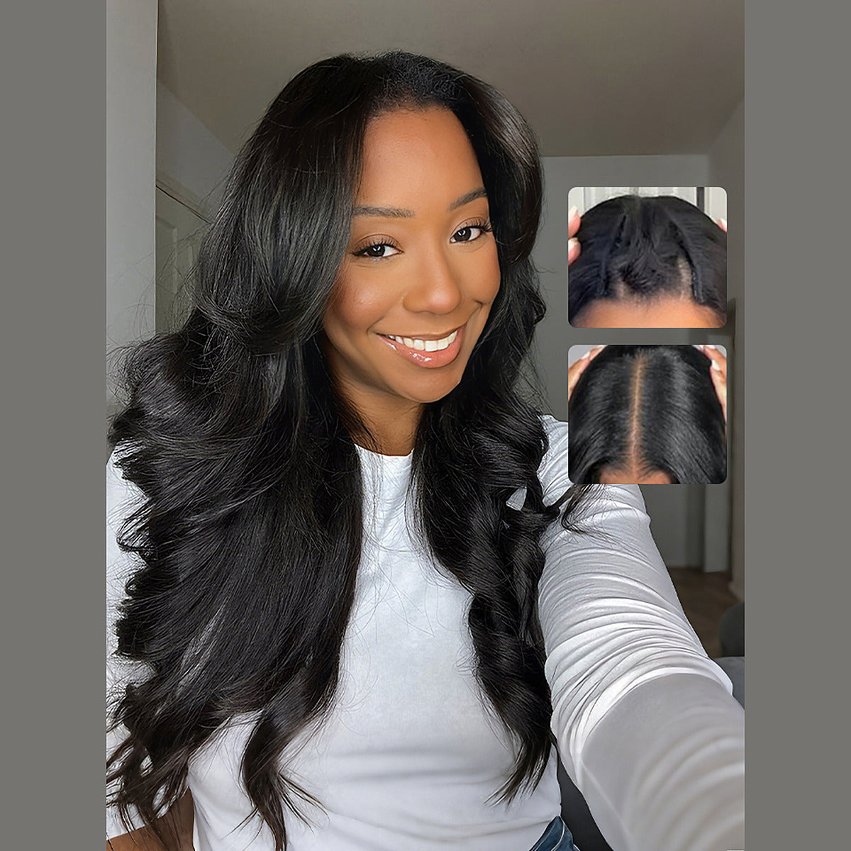 Beluck Yaki Body Wave V Part Wig Pre Styled Layer Cut 16-28 Inch Natural Black - 3