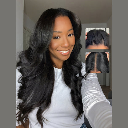Beluck Yaki Body Wave V Part Wig Pre Styled Layer Cut 16-28 Inch Natural Black - 3