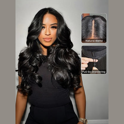Beluck Yaki Body Wave V Part Wig Pre Styled Layer Cut 16-28 Inch Natural Black - 6