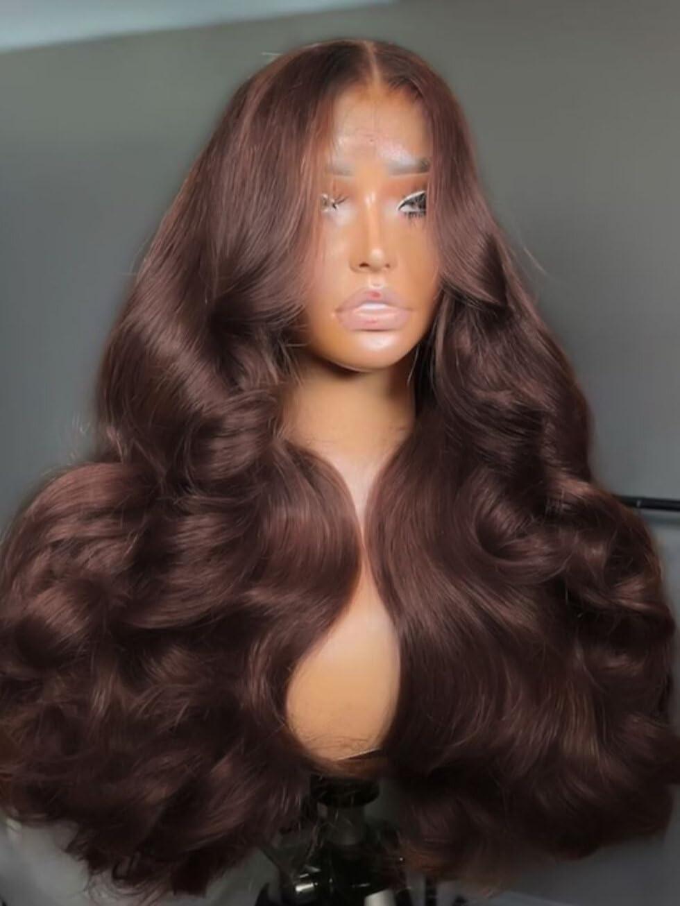 [Super Sale]250% Density 13x6 Full Lace Front Human Hair Wig Chocolate Brown Loose Body Wave 13x6 Lace Front Human Hair Wig Pre Plucked Pre Cut Face Framing Layers Glueless Drawstring Wear and Go Drawstring Wigs