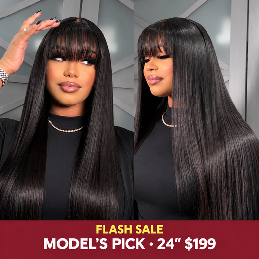 Beluck Straight Wig With Bangs 2x4 Breathable Lace Front Throw and Go Human Hair