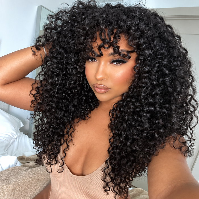 Beluck Shaggy Curly Wig With Bangs 2x4 Lace Closure Glueless Human Hair