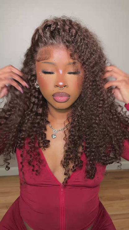 Beluck Chocolate Brown Burmese Curly Wig 13x6 HD Lace Front Human Hair 220% Density with Drawstring