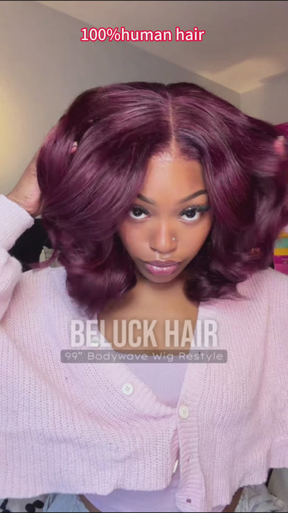 Beluck 99J Burgundy Layered Bob  Curtain Bangs 6x6 HD Lace Glueless  250% Density Human Hair Wig With Glam-Ready Natural Volume
